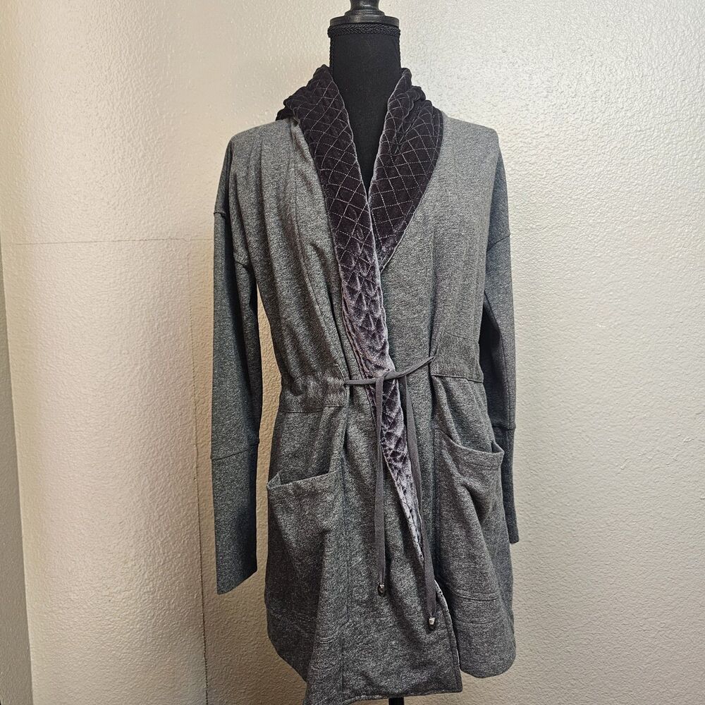 Women's XS Boho Cozy Gray Cardigan Velvet Quilted Collar Belted Pockets D383